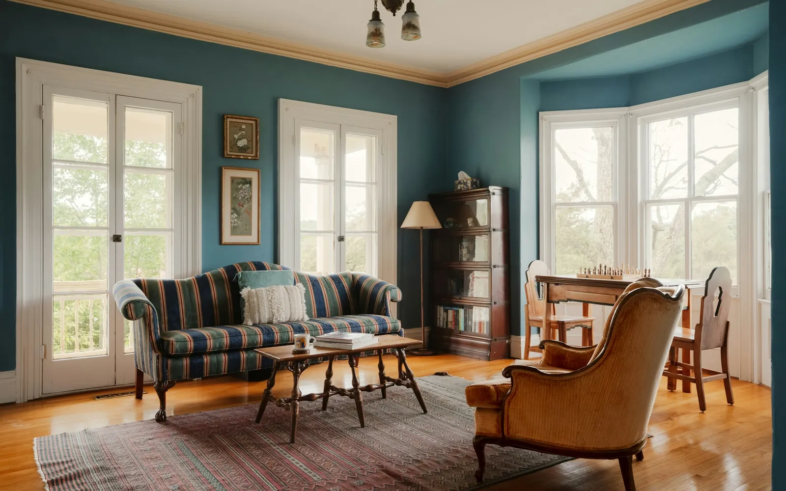 A sunlit living room with teal walls, white trim, and crown molding